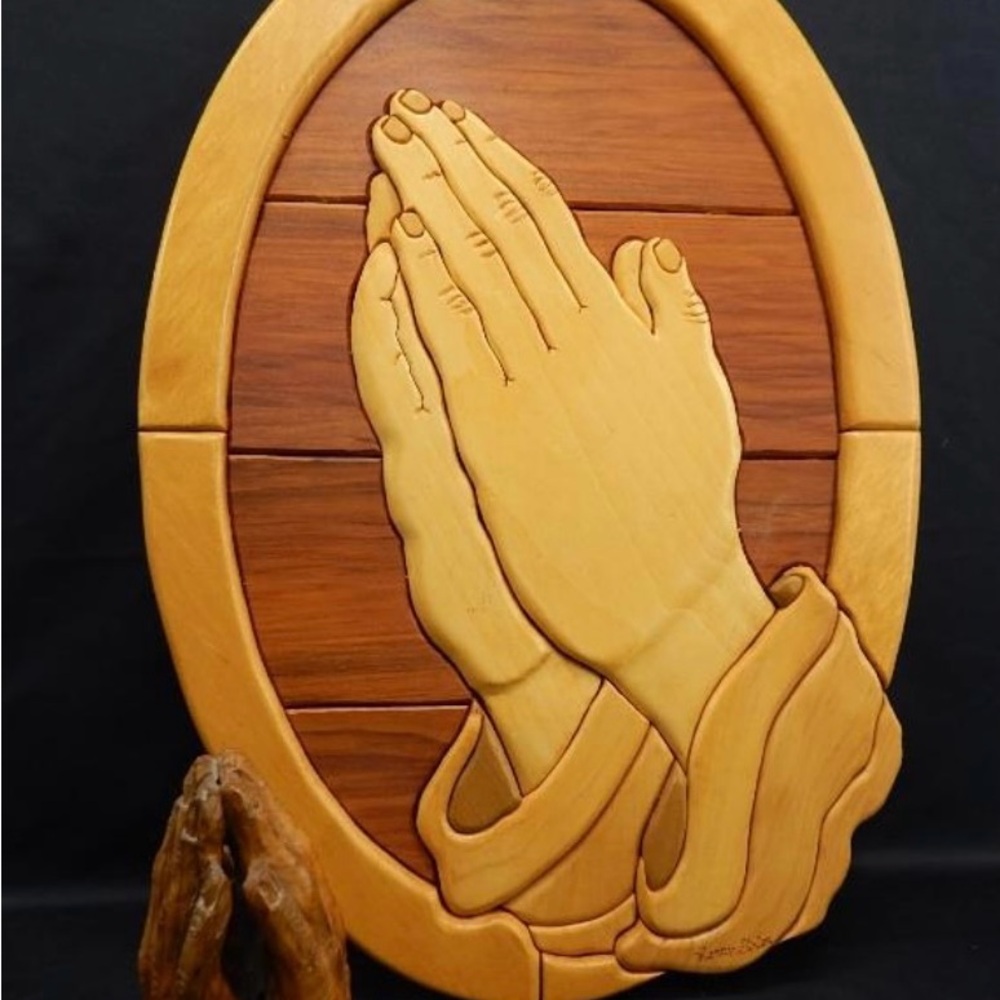 Wooden Intarsia 3D Hand Carved Praying Hands Wall Art